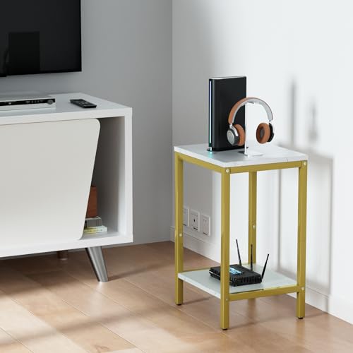 SAYGOER White Faux Marble End Tables 13.3''D Small Side Table with Storage Wood Night Stand Gold Metal Frames 2 Tier Bedside Table with Adjustable Feet, 1PCS, White Gold - color: White Gold