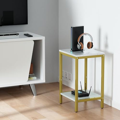 SAYGOER White Faux Marble End Tables 13.3''D Small Side Table with Storage Wood Night Stand Gold Metal Frames 2 Tier Bedside Table with Adjustable Feet, 1PCS, White Gold - color: White Gold
