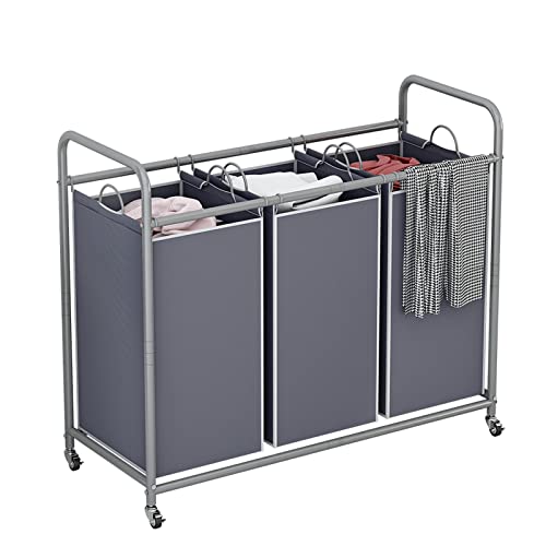 LINZINAR 3 Section Laundry Hamper, Grey Laundry Basket, 135L Laundry Sorter | Laundry Room Organization with Heavy Duty Rolling Lockable Wheels and Removable Bag, Bedroom Laundry Cart for Clothes Storage - size: 3 Bags Grey