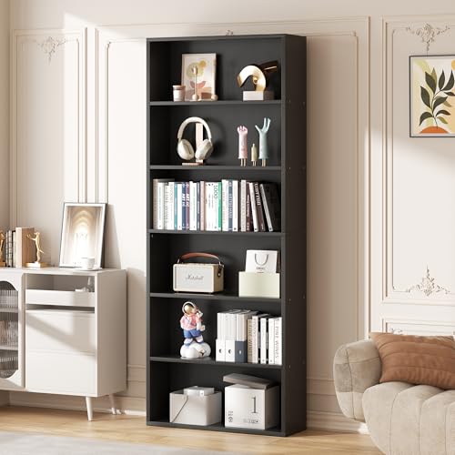 Vongrasig 6-Tier Open Bookcase and Bookshelf, Floor Standing Wood Display Storage Shelves 71 Inch Tall Bookcase Home Decor Furniture for Home Office, Living Room, Bed Room, Black - color: Black, size: 1 Pack