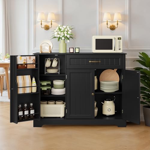 Ahomly Buffet Cabinet, Coffee Bar, Sideboard Cabinet with Internal Storage Shelf for Dining Room, Kitchen, Living Room, Kitchen and Laundry Room, Black - color: Black