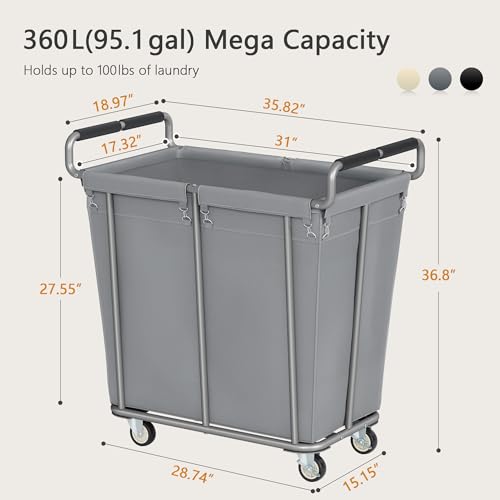 Gewudraw 360L Rolling Laundry Hamper with Wheels, 95 Gallons, Grey | Heavy Duty Extra Large Rolling Laundry Cart with Handle, Steel Frame, Waterproof Liner, Large Clothes Storage Basket - color: Grey, size: 1-Section-360L