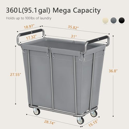 Gewudraw 360L Rolling Laundry Hamper with Wheels, 95 Gallons, Grey | Heavy Duty Extra Large Rolling Laundry Cart with Handle, Steel Frame, Waterproof Liner, Large Clothes Storage Basket - color: Grey, size: 1-Section-360L