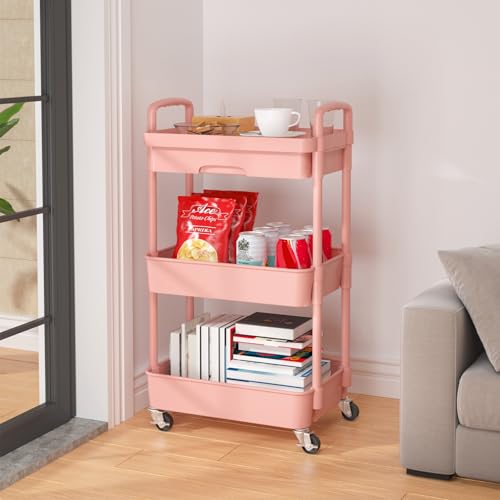 Calmootey 3-Tier Rolling Utility Cart with Drawer,Multifunctional Storage Organizer with Plastic Shelf & Metal Wheel,Storage Cart for Kitchen,Bathroom,Living Room,Office,Pink | Space-Saving Organizer, Sturdy Plastic Shelves, Smooth-Rolling Metal Wheels, B