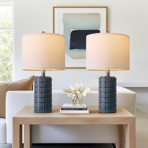 PoKat 20.75" Small Blue Table Lamps, Farmhouse Bedside Lamps for Bedroom Set of 2, Ceramic End Table Lamps for Night Stands Living Room, Modern Nightstand Desk Lamps, Dark Blue - color: 20.75'' Small - Dark Blue