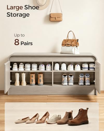 Homleke Modern Curved Entryway Shoe Storage Bench | 39.4" Wooden Shoe Cabinet with Doors, Hidden Handle Design, Holds 8 Pairs, for Bedroom & Living Room, Light Gray Oak