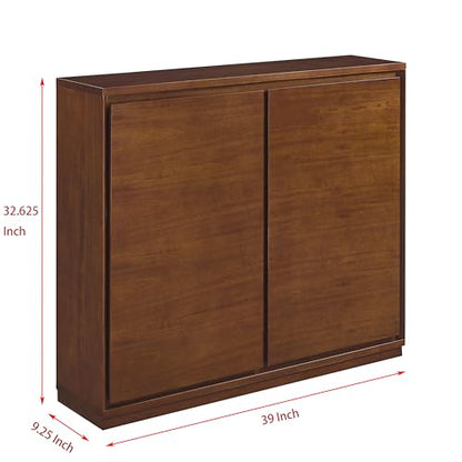 LKTART Real Wood Veneer Narrow Sideboard Buffet Modular Storage Cabinet | Real Walnut Veneer,Mid Century Modern Modular Thin Credenza Sideboard Buffet Cabinet,Narrow Slim Entryway Storage Cabinet - color: Brown Walnut-2 Pieces