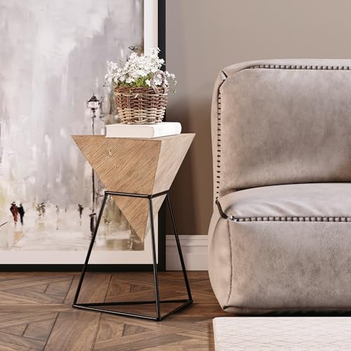 COZAYH Modern Geometric End Table with Wooden Top and Metal Base, Unique Pyramid Side Table Plant Stand for Office, Living Room, Bedroom, Fully Assembled, Triangle, Brown, Nature - color: Brown
