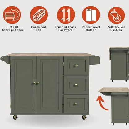 Homestyles Mobile Kitchen Island Cart with Wood Top and Dropleaf Breakfast Bar, 18" D x 53.5" W x 36" H, Green - color: Green