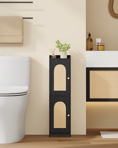 Hzuaneri Bathroom Storage Cabinet, Small Corner Floor Cabinet with 2 Doors and Adjustable Shelf, Narrow Toilet Paper Cabinets, Bathroom Organizer for Small Spaces, 7.9"D x 7.9"W x 29.5"H Rattan Black - color: Rattan Black, size: 7.9"D x 7.9"W x 29.5"H