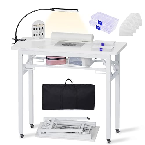 Portable & Foldable Manicure Table w/Dust Collector, Rolling Nail Tech Desk w/LED Light Lamp, Wrist Cushion, Lockable Wheels, Carrying Case, for Home Travel Beauty Salon Workstation (Marble White) - color: Marble White