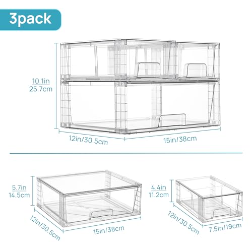 Vtopmart Clear Stackable Storage Drawers, 3 Pack Wide Organizer Set | Wide and Small Pull-Out PET Drawers with Stackable Design for Bathroom Organization, Cabinets, Closets, Pantry and Medicine - style: 1 Wide+2 Small