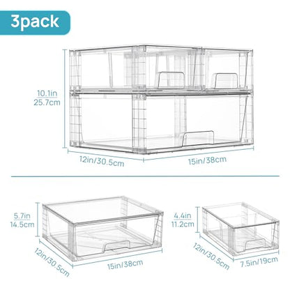 Vtopmart Clear Stackable Storage Drawers, 3 Pack Wide Organizer Set | Wide and Small Pull-Out PET Drawers with Stackable Design for Bathroom Organization, Cabinets, Closets, Pantry and Medicine - style: 1 Wide+2 Small