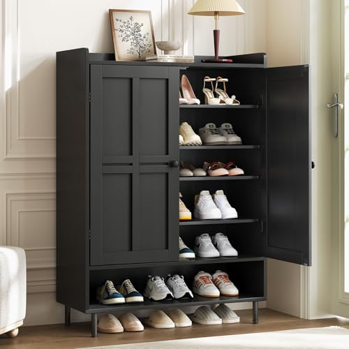 ComfyCorner Black 7+1 Tier Farmhouse Shoe Storage Cabinet - 45" Tall Entryway Organizer with Cross Molding Doors, 3 Adjustable Shelves & Metal Legs, Shoe Rack for Front Door Entrance - color: Black