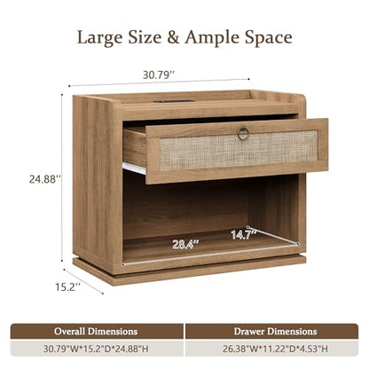 31" Wide Rattan Nightstand with Charging Station, End Side Table | Drawer & Open Shelf, Extra Large Night Stand, Farmhouse, Boho, Wood Bedside Table for Bedroom,Living Room,Office - color: Caramel Oak