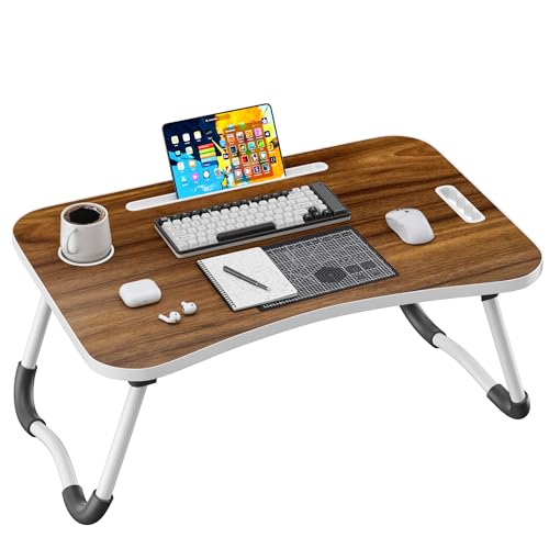 Folding Lap Desk, 23.6 Inch Wood Laptop Bed Desk with Cup Holder, Portable Bed Table for Working Writing Reading, Eating for Bed, Floor, Sofa, Couch - Brown - color: Brown