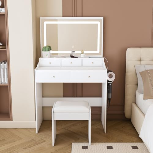 Vanity Desk with Large Mirror and Stool, Makeup Table with LED Lighted - 3 Color Models, Makeup Desk with 5 Drawers & Power Outlet & Hair-dryer Holder, Dressing Makeup Table for Home Apartment