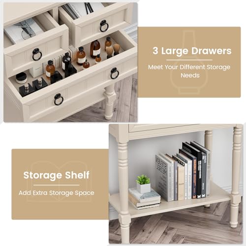 Giantex Entryway Table with Storage, Rustic Small Console Table w/ 3 Drawers & Open Bottom Shelf, Skinny Wood Console Table, Narrow Sofa Side Table for Living Room, Foyer, Hallway, Entry Table, Beige - color: Beige