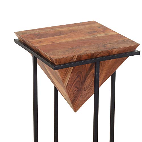 The Urban Port 26 Inch Pyramid Shape Wooden Side Table | Brown Finish, Cross Black Metal Base, Modern Accent End Table, For Living Room, Bedroom, Entryway, Lounge, Home Decor Display - size: 26-Inch