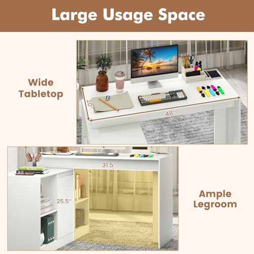 GIANTEX 48" Reversible L-Shaped Computer Desk, Modern Corner Computer Workstation with 2 Doors & 4 Open Storage Cubes, Large Executive Desk for Home Office, White/Black (White)