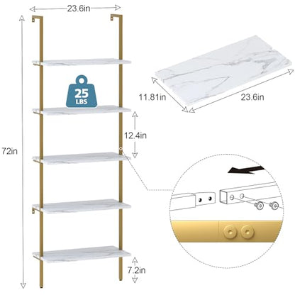 aboxoo Ladder Shelf White Marble Bookshelf 5-Tier Wall-Mounted Wood Rack Industrial Modern Plant Flower Stand Utility Organizer Open Bookcase Metal Frame Furniture Office Kitchen Bedroom - color: White Marble 5-tier, size: 1PC