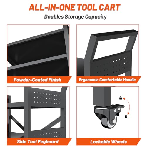 3 Tier Rolling Tool Cart, Heavy Duty Metal Service Cart with Standard Handle and Pegboards, 660 LBS Load Capacity Tool Utility Cart, Industrial Utility for Garage, Warehouse, Workshop - size: 13.8"D x 24.4"W x 30.3"H