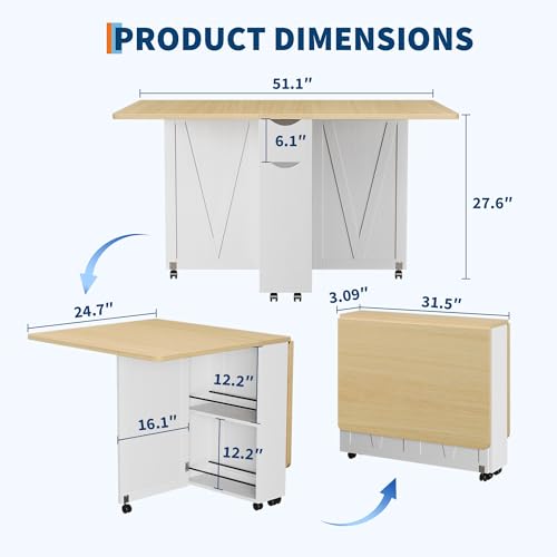 Garvee Folding Dining Table with Storage, Folding Kitchen Table with 6 Wheels, Drawer & Shelves, Compact Dining Table for Small Spaces - color: Burlywood