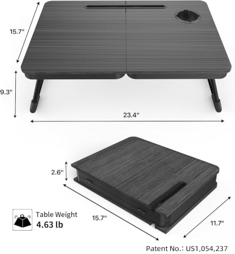 BUYIFY 23.4" Foldable Lap Desk Bed Table with Cup Holder Portable Tray | Folds Flat for Easy Storage, No Assembly Laptop Bed Desk, Sturdy and Lightweight, Patent Design, Deep Black - color: Deep Black