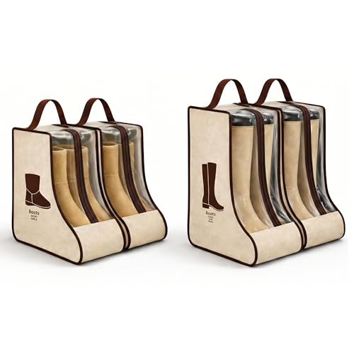 4 Pack Portable Boot Storage Bag,2 Tall & 2 Short Boot Storage Bag with Clear Window, Zipper and Handle, Travel Friendly Shoe Storage for Boots, Closet Organization,Beige