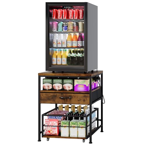 DreamDashio Mini Fridge Stand with Outlet & 3-Tier Rolling Cart, Switchable-Side Power Hub with Storage Drawer & Basket for Microwave, Beverage Cooler, Kitchen, Dorm & Office