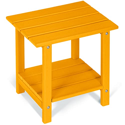 2 Tier Outdoor Side Table with Wood-Like Grain, 16.6" HDPE Adirondack Table Patio Side Table, Weather Resistant End Table for Pool, Patio & Porch, Small Outdoor Table(Tangerine, Rectangle) - color: Tangerine-wood Like, style: Rectangle