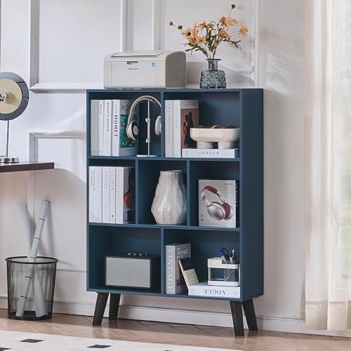 LEYAOYAO Cube Bookshelf 3 Tier Mid-Century Rustic Dark Blue Modern Bookcase with Legs,Retro Wood Bookshelves Storage Organizer Shelf,Freestanding Open Book Shelves for Bedroom,Living Room,Office - color: Dark Blue, size: 7 Cube with Legs