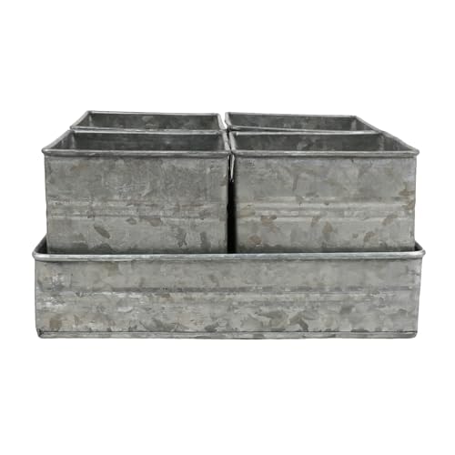 Set of 4 Shabby Chic Small Vintage Vase Farmhouse Flower Planter, Rustic Galvanized Metal Pots with Metal Tray for Kitchen Bathroom Bedroom Table Centerpiece Windowsill Country Indoor Decor