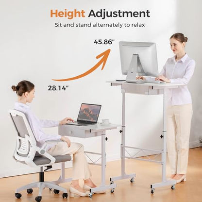 COMHOMA Small Standing Desk Adjustable Height Small Computer Desk Mobile Portable Rolling Laptop Table with Wheels 32" Computer Workstation Sit Stand Desks Portable Standing Table Treadmill desks - color: White