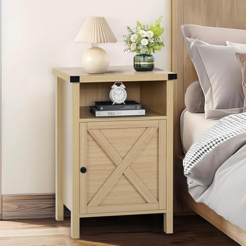 Farmhouse End Table, Side Table, Nightstang, End Table with Barn Door and Shelf, Rustic Modern Bed Night Stand for Bedroom, Living Room, Natural - color: Natural