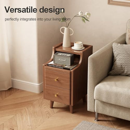Narrow Nightstand with 2 Drawers,Walnut Nightstand,Bedside Table,Solid Wood Modern Bedside Table for Bedroom,Study,Toilet - color: Walnut, size: 15.75"D x 11.81"W x 22.32"H(2 Drawers)