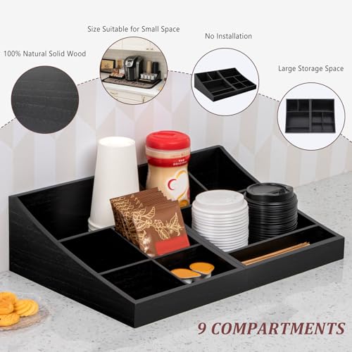 ANBOXIT Coffee Station Organizer for Countertop, Condiment Service Organizer, Coffee Bar Supplies Caddy for Home, Office and Breakroom - Wooden, Black, 9 Compartment, Two-in-One - size: Two-in-one (9 Compartment)