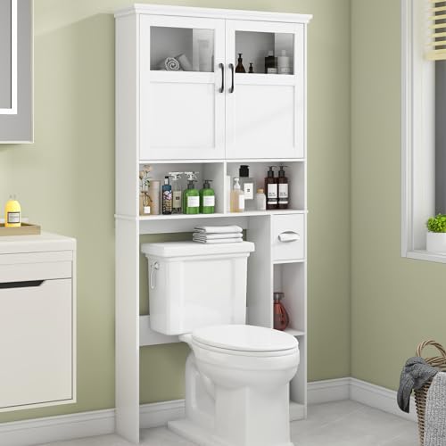 Vabches Over The Toilet Storage Cabinet with Doors & Paper Holder, White | Freestanding Toilet Shelf Space Saver with Anti-Tip Design & Adjustable Shelf or Restroom, Bathroom, Laundry - color: White, size: W33.03''