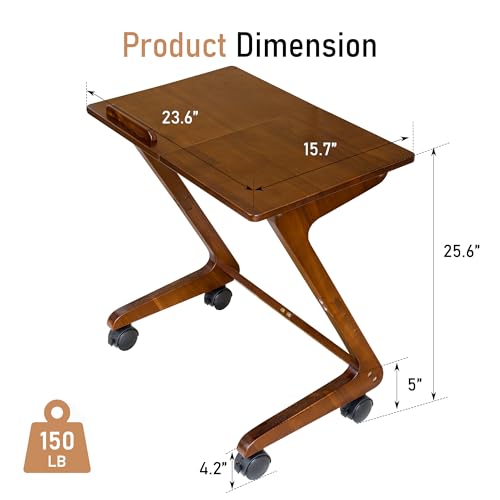 TV Tray Table with Casters, Solid Rubberwood End Tables, Sofa Side Table Couch Table Laptop Desk Removable Snack Tray for Coffee Bed Sofa Eating Writing Reading Living Room Bedroom, Dark Walnut - color: Dark Walnut