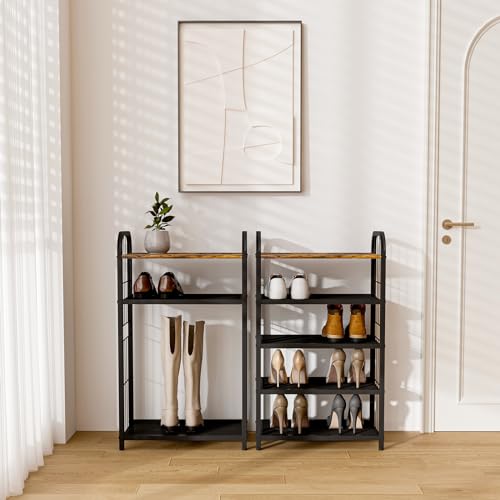 Tall Slim Shoe Rack for Entryway Closet, 5-Tier Shoe Organizer | Narrow Vertical Shoe Storage Shelf Wood with Guardrails, Metal Mesh Shelves, Wooden Top,for Front Door Entrance Small Spaces - size: 17.32" X 10.24" X 29.33"