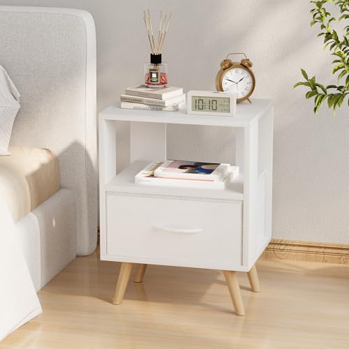 Huhote Kids Nightstand, 2-Tier Night Stand with Drawer, Modern Side Table for Bedroom, Study Room, Small Spaces, White - color: White, size: 2-Tier with Drawer