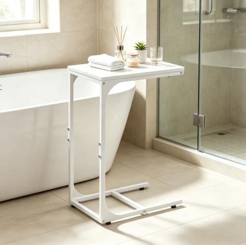 WLIVE C Shaped End Table, Small Couch Side Tables with Metal Frame, Sofa Table TV Tray for Living Room, Bedroom, White - color: White