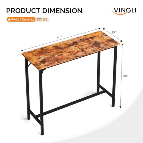 VINGLI 43 Inch Bar Table, Rectangular Counter Height Home Pub Table, Brown | High Top, Multi-Scene Use for Kitchen Dining Living Room Sofa Entryway, Wooden Tabletop & Metal Base, Easy to Install - color: Brown, size: 43"L