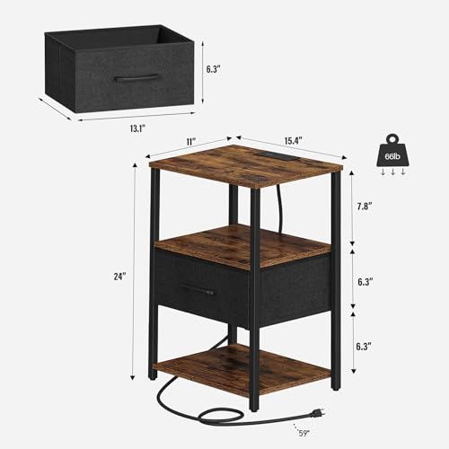 TUTOTAK Nightstand Set of 2, Night Stand with Charging Station, End Table, Bedside Table with Fabric Drawer, Side Table for Livingroom and Bedroom, Brown TB01BB0692 - color: Brown, style: Plug