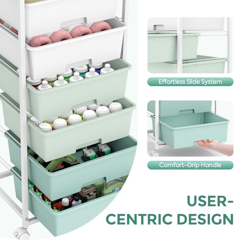 Rolling Storage Cart with 6 Drawers and Wooden Tabletop, Lockable Wheels Utility Cart for Art Studios, Office Supplies & Craft Room Organization (Green) - color: Green