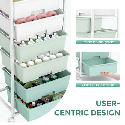 Rolling Storage Cart with 6 Drawers and Wooden Tabletop, Lockable Wheels Utility Cart for Art Studios, Office Supplies & Craft Room Organization (Green) - color: Green