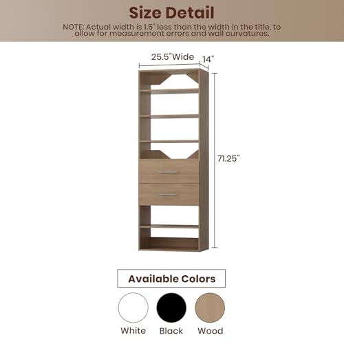 ROOMTEC Modular Closet System, 25.5" 2 Drawer Shelf Closet Tower Wall-Mounted Closet Organizer, Wooden Tower for Walk-In Closets, Wardrobe Storage Kit, Wood - size: 25.5" Wide, style: Model 11