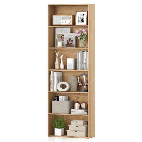 GIANTEX 6-Tier Bookcase, 70" Tall Wooden Bookshelf, Freestanding Storage Organizer w/Open Shelves, Anti-Tipping Kits, Modern Floor Standing Display Shelves for Living Room, Bedroom,Natural - color: Natural, size: 23.5" x 9.5" x 70"