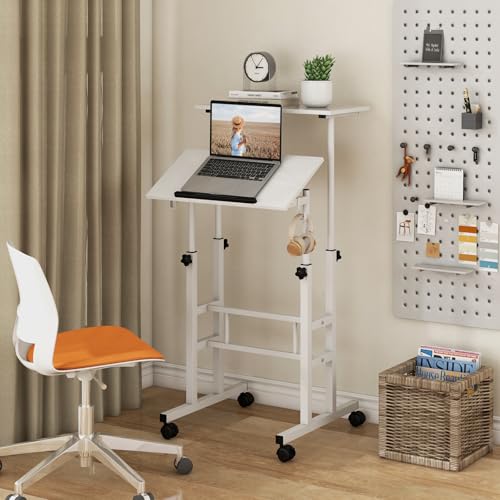 Tangkula Mobile Standing Desk, Height-Adjustable Laptop Podium Cart with Tilting Tabletop & Adjustable Angle, Rolling Stand Up Computer Desk with 2 Hanging Hooks & Lockable Casters for Home Office - color: White