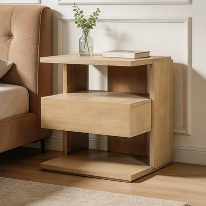 Christopher Knight Home 22" Mid Century Modern Nightstand Set of 2, Wooden Bedside Table with Drawer & 3 Tier Shelves, Small Side End Table Night Stand for Bedroom Living Room Small Space, Natural - color: Natural, size: 2pcs